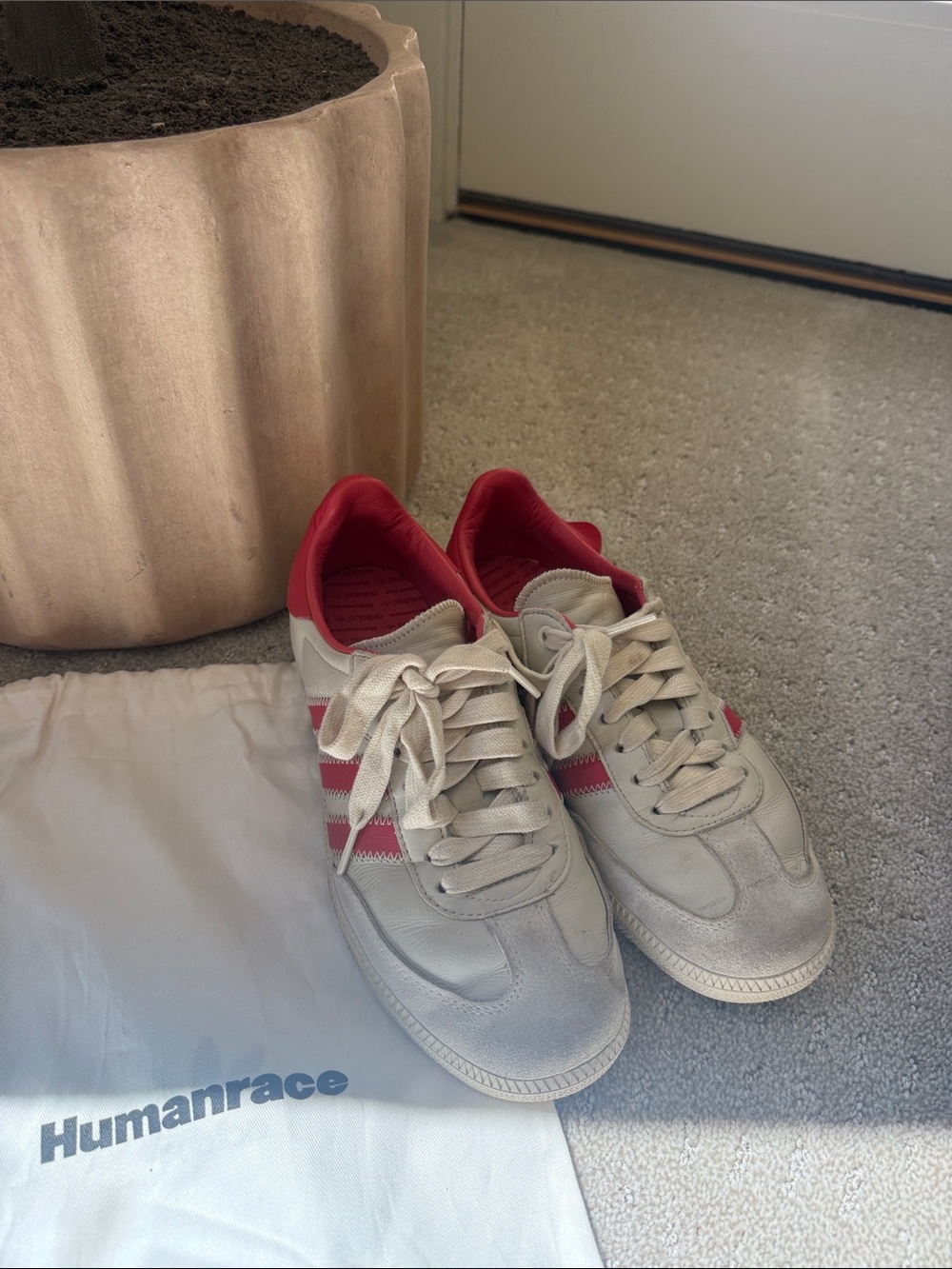 adidas Women’s Sneakers in Off-White with Red Accents- unisex sizing